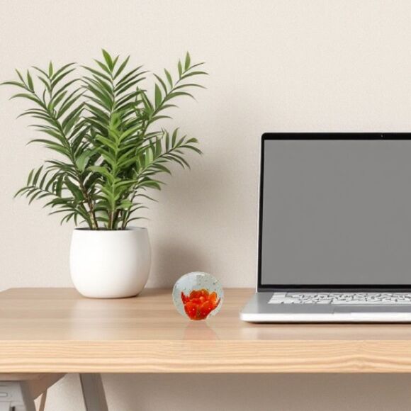 Vintage Orange Flower Bubble Clear Art Glass Round Paper Weight - Picture 2 of 16